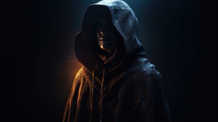 dark mysterious character in hood and cloak. Created with Generative AI.