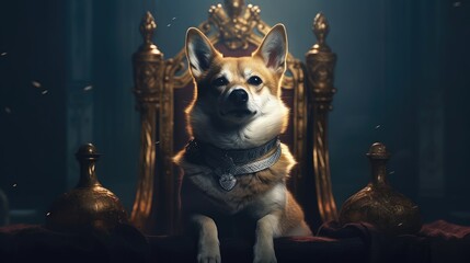 dog sitting on a throne with king crown. Created with Generative AI.