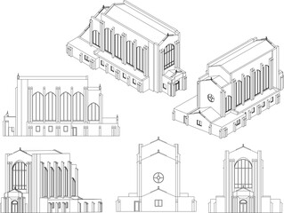 Vector sketch of millennial modern church architecture illustration with big windows