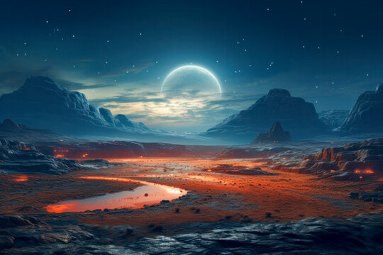 Marslandschaft, Oberfl&auml;che eines fremden Planeten in einer Fantasy Galaxie, Sci-Fi, generative KI
