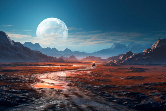 Marslandschaft, Oberfl&auml;che eines fremden Planeten in einer Fantasy Galaxie, Sci-Fi, generative KI