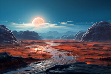 Marslandschaft, Oberfläche eines fremden Planeten in einer Fantasy Galaxie, Sci-Fi, generative KI