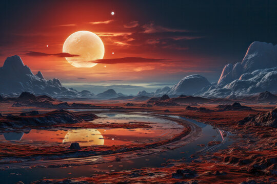 Marslandschaft, Oberfl&auml;che eines fremden Planeten in einer Fantasy Galaxie, Sci-Fi, generative KI