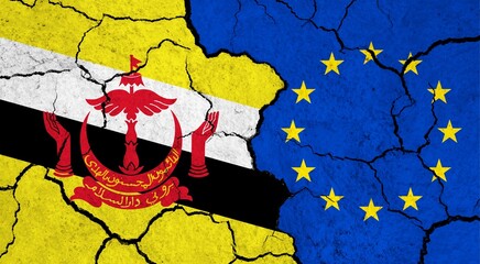 Flags of Brunei and European Union on cracked surface - politics, relationship concept