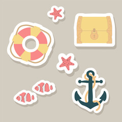 Cute vector stickers set with lifebuoy, treasure chest, clown fish,anchor,starfish.Underwater marine animals.Cute ocean illustration for fabric,childrens clothing,book,postcard,wrapping paper