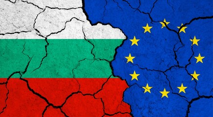 Flags of Bulgaria and European Union on cracked surface - politics, relationship concept