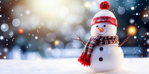 Christmas snowman in the snow background
