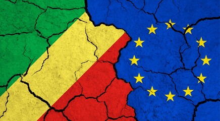 Flags of Congo and European Union on cracked surface - politics, relationship concept