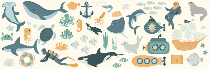 Vector ocean mega set with whale,turtle,jellyfish,shark,crab,octopus,diver,penguin,squid,dolphin,walrus,ship.Underwater animals.Illustration for fabric,childrens clothing,book,postcard,wrapping paper