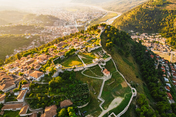 Albanian old city Berat with view of  berat castle walls and tiled roofs of houses.