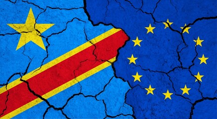 Flags of Congo - Democratic Republic and European Union on cracked surface - politics, relationship concept