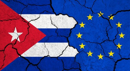 Flags of Cuba and European Union on cracked surface - politics, relationship concept
