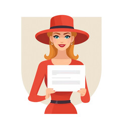 Smiling beautiful and slender woman in red dress holding blank white paper for content. on transparent background (png)
