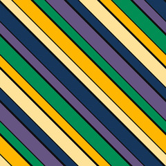Simple diagonal stripes vector seamless pattern. Funky texture in trendy retro colors, green, purple, blue, yellow. Abstract striped background with parallel slanted lines. Repeat vintage geo design
