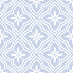 Fototapeta premium Vector floral geometric seamless pattern. Abstract blue and white geometric ornament with big flowers in oriental style. Simple elegant mosaic background. Luxury ornamental texture. Repeat geo design