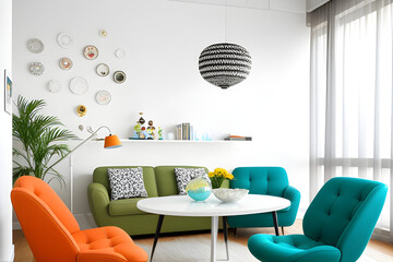 Retro armchairs, table, chandelier, ceramic wall decoration and pouf in a bright apartment interior. Design retro apartment. Template.