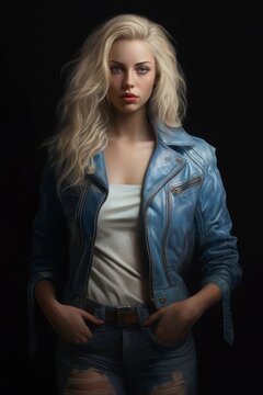Portrait of a fictional beautiful blonde woman wearing a blue jeans jacket. Generative AI.
