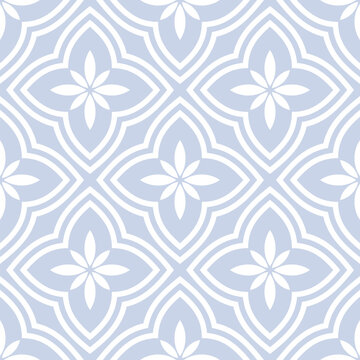 Vector floral geometric seamless pattern. Abstract blue and white geometric ornament with big flowers in oriental style. Simple elegant mosaic background. Luxury ornamental texture. Repeat geo design