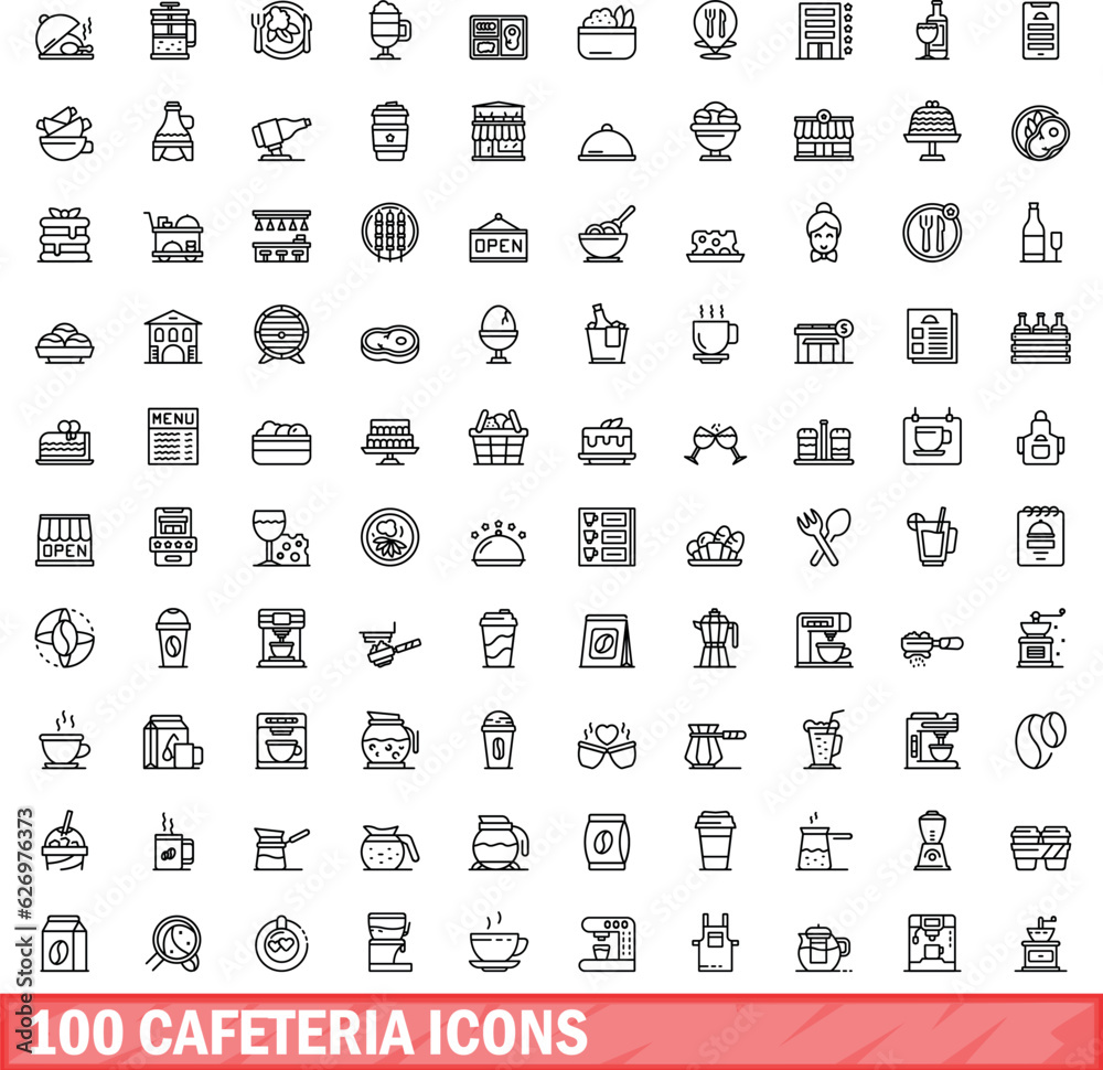 Sticker 100 cafeteria icons set. Outline illustration of 100 cafeteria icons vector set isolated on white background - Stickers