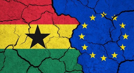 Flags of Ghana and European Union on cracked surface - politics, relationship concept