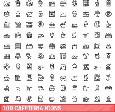 100 cafeteria icons set. Outline illustration of 100 cafeteria icons vector set isolated on white background