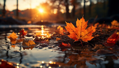 autumn leaves on the water. Autumn landscape. Fall leaf. Maple leaf on the ground. Autumn leaves. Fall landscape. Cold month. Sunset. Orange leaf - Powered by Adobe