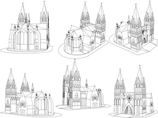 Vector sketch of vintage old church architecture illustration with twin high towers and big windows