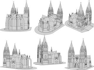 Naklejka premium Vector sketch of vintage old church architecture illustration with twin high towers and big windows