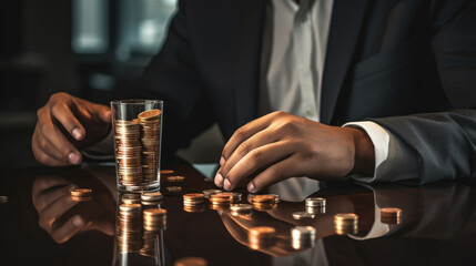 Businessman puts golden coins in a glass jar. Created with Generative AI technology.