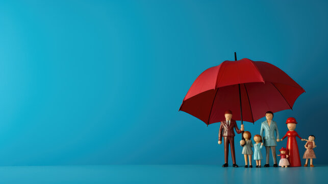 Plastic figures in the form of a family protected by a red umbrella. Insurance concept. Created with Generative AI technology.