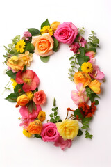 Top view of floral wreath made of beautiful colorful flowers on white background