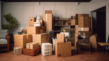 A pile of moving boxes in the room. Created with Generative AI technology.