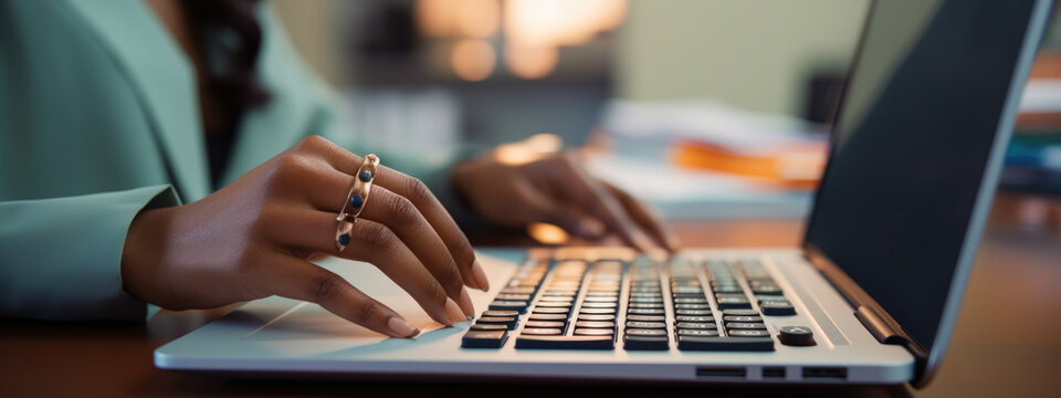 Closeup image of a business woman's hands working and typing on laptop keyboard on table. Created with Generative AI technology.
