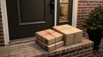 Delivered parcels on door mat near entrance.