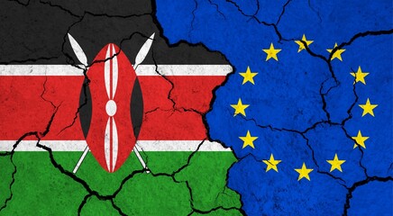 Flags of Kenya and European Union on cracked surface - politics, relationship concept