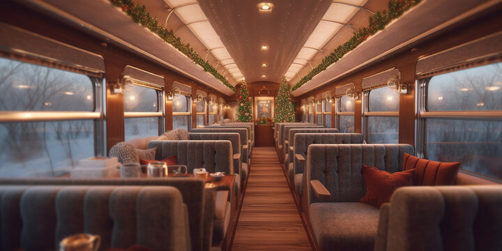 Festively Decorated Polar Express Train Compartment with Christmas Tree and Garlands - AI generated