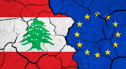 Flags of Lebanon and European Union on cracked surface - politics, relationship concept