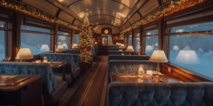 Festively Decorated Polar Express Train Compartment with Christmas Tree and Garlands - AI generated