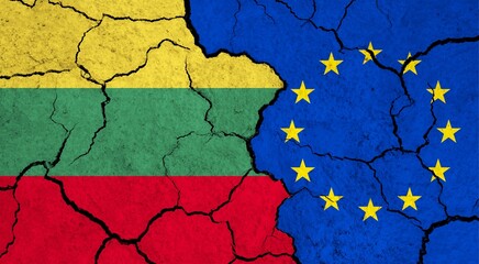 Flags of Lithuania and European Union on cracked surface - politics, relationship concept