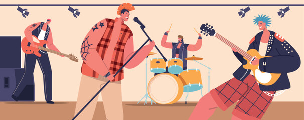 Rebellious Musicians Creating Loud, Fast-paced Music With Guitars. Punk Rockers Pushing Boundaries Vector Illustration