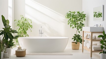 Naklejka na ściany i meble Bright and white bathroom with a variety of green plants of deep forest style, Generative AI