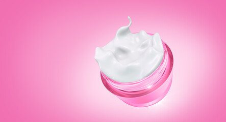 Pink jar with white cream inside, Skin care, cosmetics concept, 3D rendering.