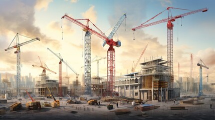 large cranes at a large construction site with generative ai