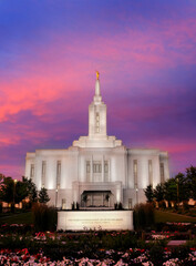 Fototapeta na wymiar Pocatello LDS Mormon Latter-Day Saint Temple at Sunset with Glowing Lights