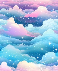 Jasne błękitne różowe chmury. Chmury i gwiazdy. Tapeta. Pattern, Generative AI - obrazy, fototapety, plakaty