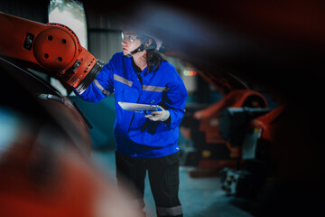 Fototapeta na wymiar Factory engineer woman inspecting on machine with smart tablet. Worker works at machine robot arm. The welding machine with a remote system in an industrial factory. Artificial intelligence concept.