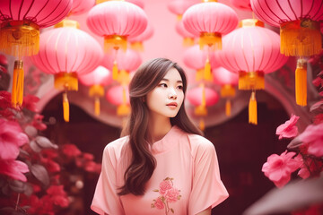 Beautiful Woman in a vibrant color palette for Mid Autumn Festival. Generative AI.