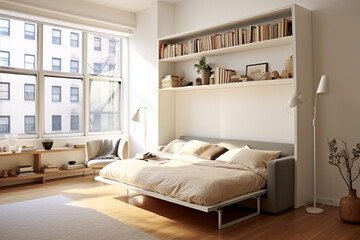 Craft a minimalist studio apartment with smart space-saving solutions, such as a Murphy bed and convertible furniture, demonstrating how simplicity and functionality can coexist in Generative AI