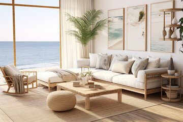 Create a beach-inspired minimalist apartment with natural textures like rattan furniture, jute rugs, and ocean-themed artwork, creating a soothing coastal retreat within an urban e Generative AI