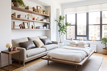Craft a minimalist studio apartment with smart space-saving solutions, such as a Murphy bed and convertible furniture, demonstrating how simplicity and functionality can coexist in Generative AI